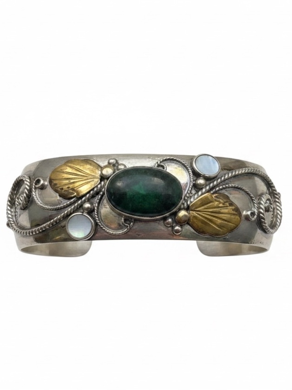 Silver Green Stone Cuff Bracelet with Gold Accents